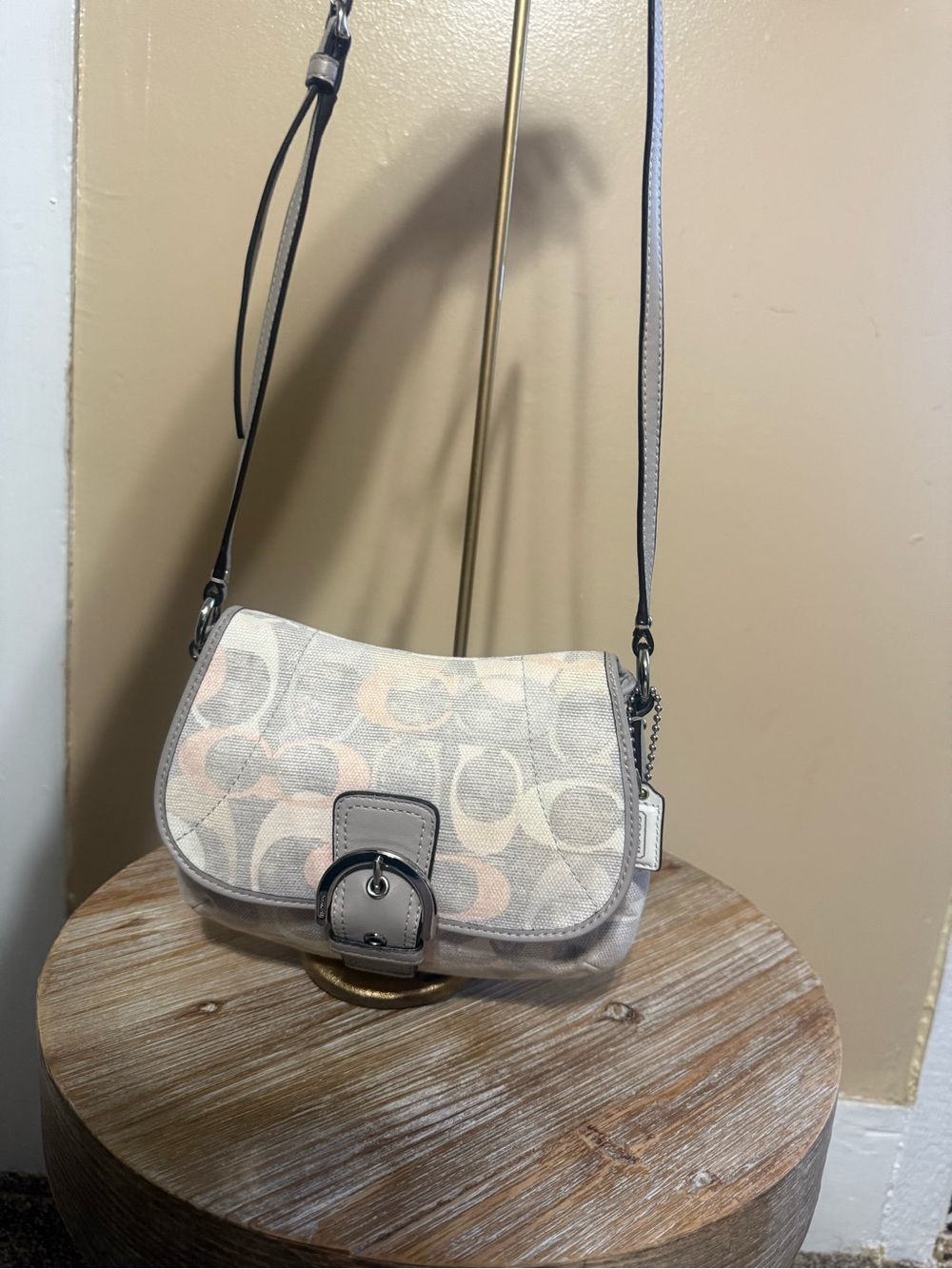 Coach Canvas Saddle Crossbody in Beige with Pink Accents Cherries not included